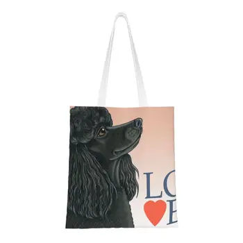 Модная сумка с принтом Poodle Black Love Shopping, сумка для покупок из переработанного холста, сумка для покупок Pudel Caniche