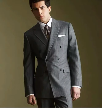 Модные 2 предмета, Приталенные Мужские костюмы в Серую полоску, Смокинги На Заказ, новая куртка + брюки, Костюм для выпускного вечера Homme (Куртка + брюки)