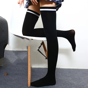 Модные Черные полосатые носки Для женщин, забавные подарки, Сексуальные нейлоновые длинные чулки до бедра, Милые гольфы выше колена для девочек
