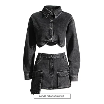 Модный дизайн 2023, Женская летняя Серая пригородная куртка в стиле ретро с лацканами в стиле пэчворк, карман, Короткая юбка в пол-тела