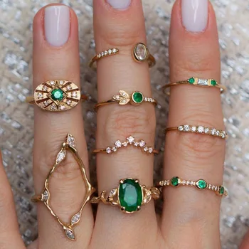 Модный набор колец на палец с зеленым хрусталем для женщин, геометрическое женское обручальное кольцо, модные ювелирные изделия