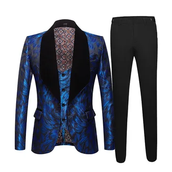 Мужские официальные костюмы Синий жаккардовый блейзер с черным воротником, приталенный блейзер из 3 предметов с жилетом и брюками, наряды для свадебных женихов, модные комплекты