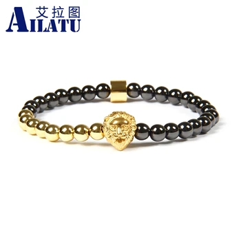 Мужской браслет Ailatu из нержавеющей стали с головой Льва, браслеты из бисера с латунными бусинами 6 мм 10 шт./лот