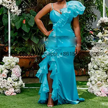 Небесно-голубые платья подружек невесты в стиле русалки с оборками, на бретельках с разрезом сбоку, Африканское женское длинное платье подружки невесты, вечернее платье
