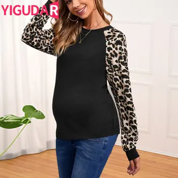 новая одежда для беременных, футболка с леопардовым принтом с длинным рукавом и круглым вырезом, черная рубашка, одежда для беременных, уличная одежда для беременных y2k
