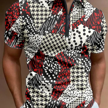 Новая рубашка поло Мужская мода Решетчатый 3D принт Рубашка поло на молнии Унисекс Полосатые рубашки ПОЛО Мужские С коротким рукавом 2022 Мужская рубашка поло