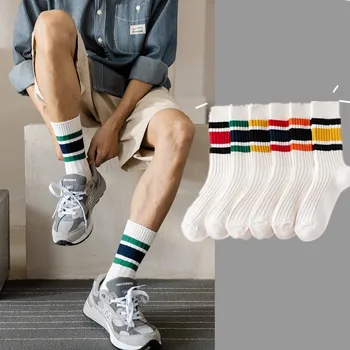 Новые мужские и женские носки с полосатым принтом, Корейская версия, трендовые толстые полосатые спортивные хлопчатобумажные носки средней высоты