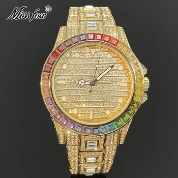Новые роскошные мужские золотые водонепроницаемые модные кварцевые наручные часы в стиле Хип-хоп, украшенные радужным Муассанитом Ювелирные часы Бесплатная Доставка