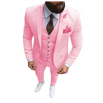 Новый Розовый Мужской Костюм из 3 предметов, Формальный Деловой Смокинг С вырезами на лацканах, Приталенный Блейзер Для Шафера На свадьбу (Блейзер + Жилет + брюки)