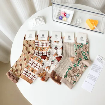 Новый стиль, ушной край, милые носки-тюбики для девочек в стиле харадзюку, японская винтажная вышивка, хлопчатобумажные носки kawaii в полоску