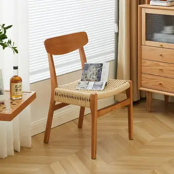 Обеденный стул из цельного дерева, плетеный из веревки, для домашней чайной комнаты, плетеный обеденный стол со спинкой в винтажном японском стиле для кофейни