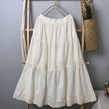 Однотонная юбка Mori Girl в Японском стиле из хлопка и льна С милой кружевной отстрочкой Свободные юбки Женские