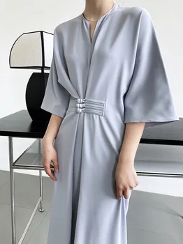 Однотонное платье высокого класса, застегивающееся на пуговицы, прямое платье с V-образным вырезом и шнуровкой, Новое модифицированное длинное платье в китайском стиле