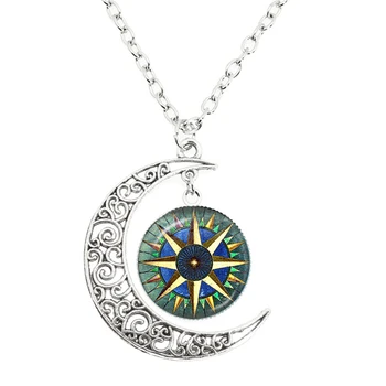 Ожерелье с компасом и Луной, круглый стеклянный кулон с кабошоном, Археологический тур, Подарите друзьям украшения на День рождения.