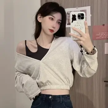 Осеннее заклинание, Цветная серая футболка в стиле пэчворк, женский сексуальный поддельный короткий топ из двух частей, женские Корейские футболки с длинным рукавом M-XL