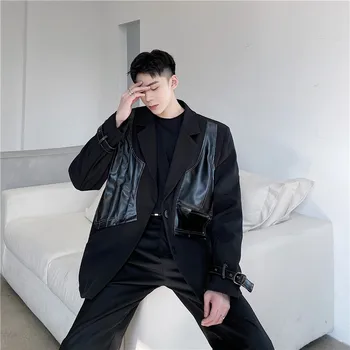 Осенний костюм из искусственной кожи в корейском стиле с уникальной строчкой 2022, мужской повседневный свободный черный костюм для мужчин M-XXL