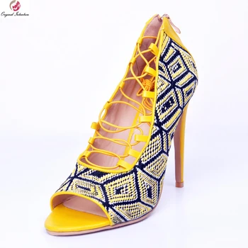 Первоначальное намерение Великолепные женские босоножки разноцветных цветов с открытым носком, босоножки на тонких высоких каблуках, желтые женские туфли, большие размеры США 4-15