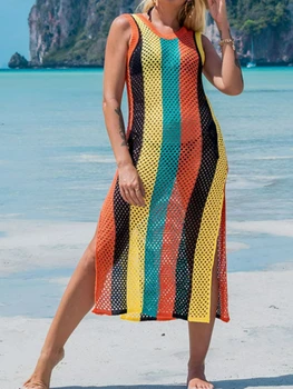 Пляжные платья для женщин 2023 Летние Новые Сексуальные Полосатые открытые с круглым вырезом, вязаные крючком Пляжные накидки, пляжная одежда, наряды