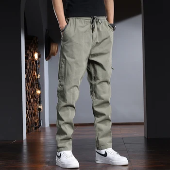 Повседневные мужские брюки из зеленого хлопка, летние мешковатые прямые брюки с эластичной резинкой на талии CP2225