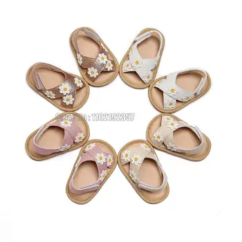 Противоскользящая обувь на плоской подошве для маленьких девочек, сандалии на мягкой подошве с цветочной аппликацией, Белая/ золотистая/Розовая детская обувь