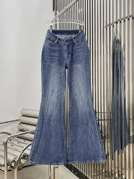 Расклешенные джинсы, женские облегающие брюки в стиле ретро с высокой талией и тонкими клешами в виде лошадиных копыт