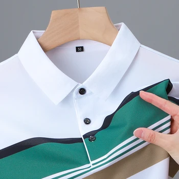 Роскошная высококачественная рубашка поло из ледяного шелка с короткими рукавами, мужская летняя модная футболка с отворотом в контрастную полоску 2023, повседневная мужская