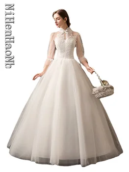 Свадебное Платье Vestido De Noiva С Рукавом Три четверти И Высоким Вырезом, Роскошное Бальное Платье Принцессы Robe De Mariee
