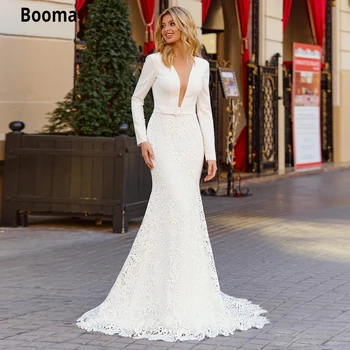 Свадебные платья Booma Mermaid, кружевное свадебное платье в стиле бохо с длинным рукавом и V-образным вырезом, вечерние платья принцессы с элегантным шлейфом