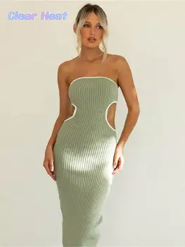 Сексуальное открытое трикотажное облегающее платье Миди, женские контрастные платья без бретелек, тонкие платья с открытой спиной, летние элегантные платья для пляжной вечеринки