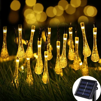 Солнечные струнные фонари 30 светодиодных капель воды Сказочные струнные фонари на солнечной энергии для украшения сада на Рождество, свадьбу