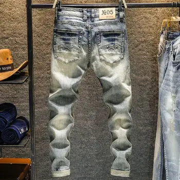 Стрейчевые ретро брюки мужские весенние и осенние рваные джинсы ностальгическая индивидуальность Корейская версия тренда на узкие брюки