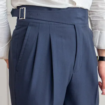 Темно-синие мужские брюки с высокой талией, Прямые брюки Для мужчин, Весна 2023, Деловые универсальные брюки с поясом, Джентльменские брюки с парижскими пуговицами