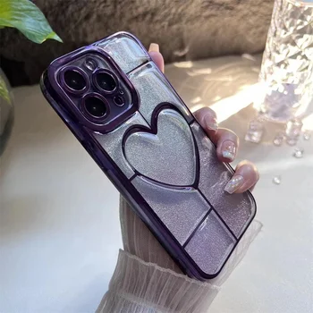 Темно-фиолетовый градиентный блеск для iphone 14 Pro, чехол с большим полым дизайном в виде прозрачного сердца, прозрачная защитная крышка для iphone 14