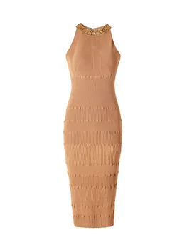 ХАЙ-СТРИТ, новейшая мода 2023 года, Стильное дизайнерское Женское платье без рукавов с круглым вырезом, украшенное бриллиантами, стразами и бисером, Тонкое Длинное трикотажное платье
