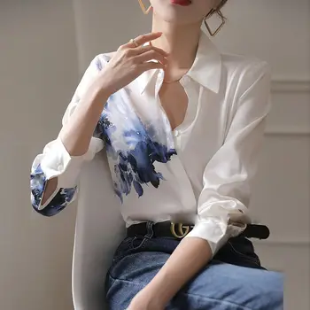 Элегантные Атласные Шелковые рубашки с цветочной печатью 2023 Весна Лето Женские блузки с длинным рукавом Женская одежда Модные топы E220
