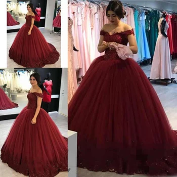 Элегантные Пышные платья Винно-красного цвета с открытыми плечами, бальное платье из Саудовской Дешевой тюли и органзы, Пышные платья на заказ