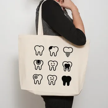 Эстетическая женская сумка для стоматолога с забавным зубом, бесплатная доставка, низкая цена, черная холщовая женская сумка-тоут