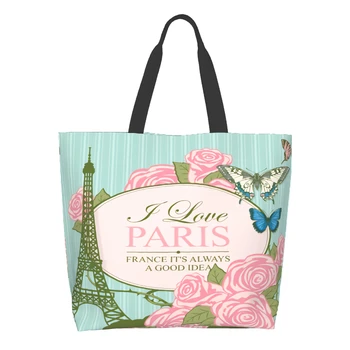 Я люблю Париж с французской Эйфелевой башней, очень большой сумкой для продуктов, бабочками и розовыми розами, многоразовой сумкой для покупок и путешествий